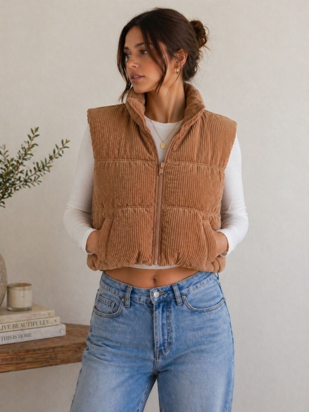 Love Tree Corduroy Puffer Vest | Tan/Brown | Size Small